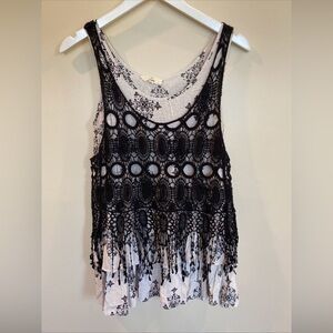 Entro Black Lace Whimsigoth Crochet Fringe Overlay Tank Black White Small